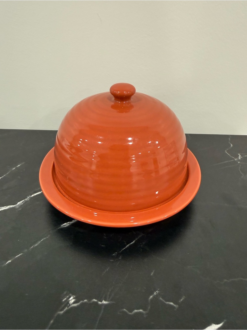 Chantal red Orange Round Ceramic Butter Dish Lid Christmas holiday thanksgiving